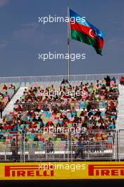 Azerbaijan flag and Fans in the grandstand. 18.06.2016. Formula 1 World Championship, Rd 8, European Grand Prix, Baku Street Circuit, Azerbaijan, Qualifying Day.