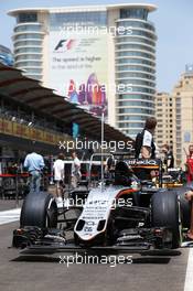 Sahara Force India F1 VJM09 of Nico Hulkenberg (GER) Sahara Force India F1 in the pits. 16.06.2016. Formula 1 World Championship, Rd 8, European Grand Prix, Baku Street Circuit, Azerbaijan, Preparation Day.