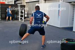 Williams mechanics with Pirelli tyres. 16.06.2016. Formula 1 World Championship, Rd 8, European Grand Prix, Baku Street Circuit, Azerbaijan, Preparation Day.