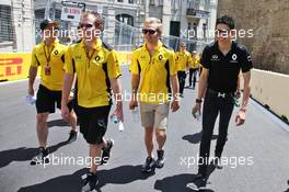 Esteban Ocon (FRA) Renault Sport F1 Team Test Driver and Kevin Magnussen (DEN) Renault Sport F1 Team walk the circuit with the team. 16.06.2016. Formula 1 World Championship, Rd 8, European Grand Prix, Baku Street Circuit, Azerbaijan, Preparation Day.