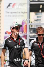 Nico Hulkenberg (GER) Sahara Force India F1 with Will Hings (GBR) Sahara Force India F1 Press Officer. 16.06.2016. Formula 1 World Championship, Rd 8, European Grand Prix, Baku Street Circuit, Azerbaijan, Preparation Day.