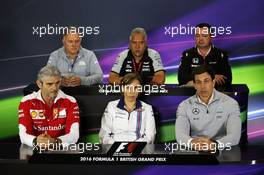 The FIA Press Conference (from back row (L to R)): Dave Ryan (NZL) Manor Racing Racing Director; Dr. Vijay Mallya (IND) Sahara Force India F1 Team Owner; Eric Boullier (FRA) McLaren Racing Director; Maurizio Arrivabene (ITA) Ferrari Team Principal; Claire Williams (GBR) Williams Deputy Team Principal; Toto Wolff (GER) Mercedes AMG F1 Shareholder and Executive Director.  08.07.2016. Formula 1 World Championship, Rd 10, British Grand Prix, Silverstone, England, Practice Day.