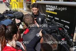 Esteban Ocon (FRA) Renault Sport F1 Team Test Driver with the media. 08.07.2016. Formula 1 World Championship, Rd 10, British Grand Prix, Silverstone, England, Practice Day.