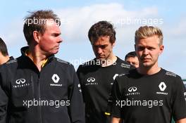(L to R): Alan Permane (GBR) Renault Sport F1 Team Trackside Operations Director with Jolyon Palmer (GBR) Renault Sport F1 Team and Kevin Magnussen (DEN) Renault Sport F1 Team. 08.07.2016. Formula 1 World Championship, Rd 10, British Grand Prix, Silverstone, England, Practice Day.