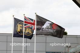 FIA, Union, and F1 flags. 08.07.2016. Formula 1 World Championship, Rd 10, British Grand Prix, Silverstone, England, Practice Day.