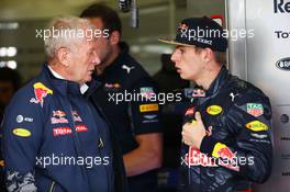 (L to R): Dr Helmut Marko (AUT) Red Bull Motorsport Consultant with Max Verstappen (NLD) Red Bull Racing. 08.07.2016. Formula 1 World Championship, Rd 10, British Grand Prix, Silverstone, England, Practice Day.
