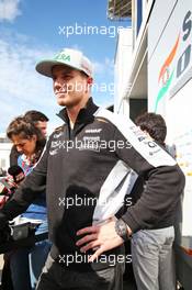 Nico Hulkenberg (GER) Sahara Force India F1 with the media. 08.07.2016. Formula 1 World Championship, Rd 10, British Grand Prix, Silverstone, England, Practice Day.