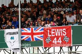Banners and flags for Lewis Hamilton (GBR) Mercedes AMG F1. 10.07.2016. Formula 1 World Championship, Rd 10, British Grand Prix, Silverstone, England, Race Day.