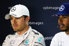 Lewis Hamilton (GBR) Mercedes AMG F1 and team mate Nico Rosberg (GER) Mercedes AMG F1 in the FIA Press Conference. 10.07.2016. Formula 1 World Championship, Rd 10, British Grand Prix, Silverstone, England, Race Day.