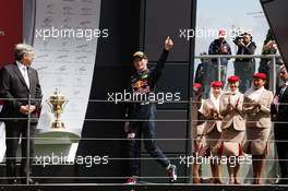 Max Verstappen (NLD) Red Bull Racing celebrates his third position on the podium. 10.07.2016. Formula 1 World Championship, Rd 10, British Grand Prix, Silverstone, England, Race Day.