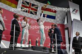 The podium (L to R): Nico Rosberg (GER) Mercedes AMG F1, second; Lewis Hamilton (GBR) Mercedes AMG F1, race winner; Max Verstappen (NLD) Red Bull Racing, third. 10.07.2016. Formula 1 World Championship, Rd 10, British Grand Prix, Silverstone, England, Race Day.