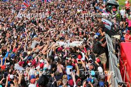 Race winner Lewis Hamilton (GBR) Mercedes AMG F1 celebrates with the fans. 10.07.2016. Formula 1 World Championship, Rd 10, British Grand Prix, Silverstone, England, Race Day.