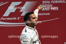 Race winner Lewis Hamilton (GBR) Mercedes AMG F1 celebrates on the podium. 10.07.2016. Formula 1 World Championship, Rd 10, British Grand Prix, Silverstone, England, Race Day.