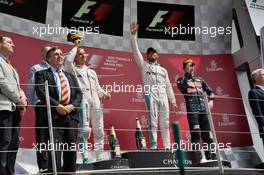 The podium (L to R): Nico Rosberg (GER) Mercedes AMG F1, second; Lewis Hamilton (GBR) Mercedes AMG F1, race winner; Max Verstappen (NLD) Red Bull Racing, third. 10.07.2016. Formula 1 World Championship, Rd 10, British Grand Prix, Silverstone, England, Race Day.