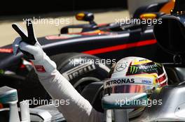 Race winner Lewis Hamilton (GBR) Mercedes AMG F1 W07 Hybrid celebrates in parc ferme. 10.07.2016. Formula 1 World Championship, Rd 10, British Grand Prix, Silverstone, England, Race Day.