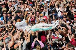 Race winner Lewis Hamilton (GBR) Mercedes AMG F1 celebrates with the fans. 10.07.2016. Formula 1 World Championship, Rd 10, British Grand Prix, Silverstone, England, Race Day.