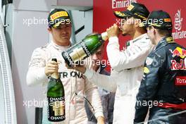 The podium (L to R): Nico Rosberg (GER) Mercedes AMG F1, second; Lewis Hamilton (GBR) Mercedes AMG F1, race winner; Max Verstappen (NLD) Red Bull Racing, third. 10.07.2016. Formula 1 World Championship, Rd 10, British Grand Prix, Silverstone, England, Race Day.