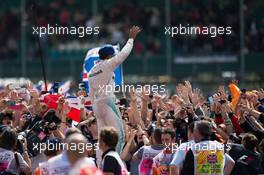 Race winner Lewis Hamilton (GBR) Mercedes AMG F1 celebrates with the fans. 10.07.2016. Formula 1 World Championship, Rd 10, British Grand Prix, Silverstone, England, Race Day.