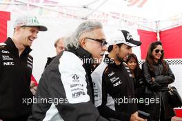 Dr. Vijay Mallya (IND) Sahara Force India F1 Team Owner and Sergio Perez (MEX) Sahara Force India F1 play Scalextric at the Sahara Force India F1 Team Fan Zone at Woodlands Campsite. 09.07.2016. Formula 1 World Championship, Rd 10, British Grand Prix, Silverstone, England, Qualifying Day.