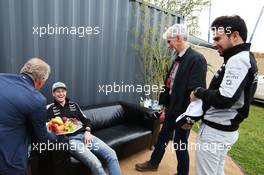 (L to R): Johnny Herbert (GBR) Sky Sports F1 Presenter with Nico Hulkenberg (GER) Sahara Force India F1; Damon Hill (GBR) Sky Sports Presenter and Sergio Perez (MEX) Sahara Force India F1, at the Sahara Force India F1 Team Fan Zone at Woodlands Campsite. 09.07.2016. Formula 1 World Championship, Rd 10, British Grand Prix, Silverstone, England, Qualifying Day.