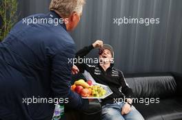 (L to R): Johnny Herbert (GBR) Sky Sports F1 Presenter with Nico Hulkenberg (GER) Sahara Force India F1 at the Sahara Force India F1 Team Fan Zone at Woodlands Campsite. 09.07.2016. Formula 1 World Championship, Rd 10, British Grand Prix, Silverstone, England, Qualifying Day.