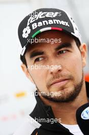 Sergio Perez (MEX) Sahara Force India F1 with the media. 07.07.2016. Formula 1 World Championship, Rd 10, British Grand Prix, Silverstone, England, Preparation Day.