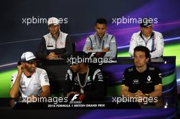 The FIA Press Conference (From back row (L to R)): Romain Grosjean (FRA) Haas F1 Team; Pascal Wehrlein (GER) Manor Racing; Valtteri Bottas (FIN) Williams; Jenson Button (GBR) McLaren; Lewis Hamilton (GBR) Mercedes AMG F1; Jolyon Palmer (GBR) Renault Sport F1 Team.  07.07.2016. Formula 1 World Championship, Rd 10, British Grand Prix, Silverstone, England, Preparation Day.