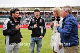 (L to R): Sergio Perez (MEX) Sahara Force India F1 and team mate Nico Hulkenberg (GER) Sahara Force India F1 with Rachel Brookes (GBR) Sky Sports F1 Reporter and Martin Brundle (GBR) Sky Sports Commentator. 07.07.2016. Formula 1 World Championship, Rd 10, British Grand Prix, Silverstone, England, Preparation Day.