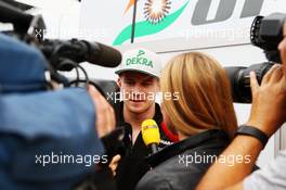 Nico Hulkenberg (GER) Sahara Force India F1 with the media. 07.07.2016. Formula 1 World Championship, Rd 10, British Grand Prix, Silverstone, England, Preparation Day.
