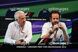 (L to R): Charlie Whiting (GBR) FIA Delegate and Matteo Bonciani (ITA) FIA Media Delegate at a FIA Press Conference. 29.07.2016. Formula 1 World Championship, Rd 12, German Grand Prix, Hockenheim, Germany, Practice Day.