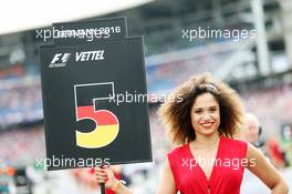 Grid girl for Sebastian Vettel (GER) Ferrari. 31.07.2016. Formula 1 World Championship, Rd 12, German Grand Prix, Hockenheim, Germany, Race Day.