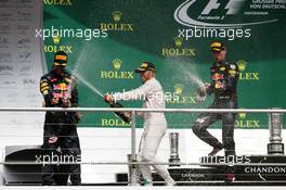 The podium (L to R): Daniel Ricciardo (AUS) Red Bull Racing, second; Lewis Hamilton (GBR) Mercedes AMG F1, race winner; Max Verstappen (NLD) Red Bull Racing, third. 31.07.2016. Formula 1 World Championship, Rd 12, German Grand Prix, Hockenheim, Germany, Race Day.