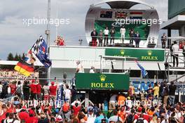 The podium (L to R): Daniel Ricciardo (AUS) Red Bull Racing, second; Lewis Hamilton (GBR) Mercedes AMG F1, race winner; Max Verstappen (NLD) Red Bull Racing, third. 31.07.2016. Formula 1 World Championship, Rd 12, German Grand Prix, Hockenheim, Germany, Race Day.