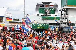 The podium (L to R): Daniel Ricciardo (AUS) Red Bull Racing, second; Lewis Hamilton (GBR) Mercedes AMG F1, race winner; Max Verstappen (NLD) Red Bull Racing, third. 31.07.2016. Formula 1 World Championship, Rd 12, German Grand Prix, Hockenheim, Germany, Race Day.