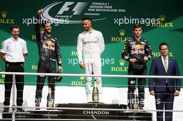 The podium (L to R): Daniel Ricciardo (AUS) Red Bull Racing, second; Lewis Hamilton (GBR) Mercedes AMG F1, race winner; Max Verstappen (NLD) Red Bull Racing, third. 31.07.2016. Formula 1 World Championship, Rd 12, German Grand Prix, Hockenheim, Germany, Race Day.