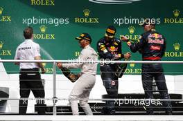 Race winner Lewis Hamilton (GBR) Mercedes AMG F1 celebrates on the podium. 31.07.2016. Formula 1 World Championship, Rd 12, German Grand Prix, Hockenheim, Germany, Race Day.