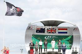 The podium (L to R): Daniel Ricciardo (AUS) Red Bull Racing, second; Lewis Hamilton (GBR) Mercedes AMG F1, race winner; Max Verstappen (NLD) Red Bull Racing, third. 31.07.2016. Formula 1 World Championship, Rd 12, German Grand Prix, Hockenheim, Germany, Race Day.