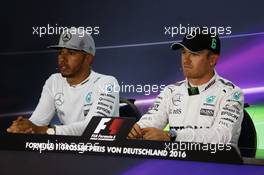 (L to R): Lewis Hamilton (GBR) Mercedes AMG F1 in the FIA Press Conference with team mate Nico Rosberg (GER) Mercedes AMG F1. 30.07.2016. Formula 1 World Championship, Rd 12, German Grand Prix, Hockenheim, Germany, Qualifying Day.