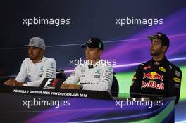 The post qualifying FIA Press Conference (L to R): Lewis Hamilton (GBR) Mercedes AMG F1; Nico Rosberg (GER) Mercedes AMG F1; Daniel Ricciardo (AUS) Red Bull Racing. 30.07.2016. Formula 1 World Championship, Rd 12, German Grand Prix, Hockenheim, Germany, Qualifying Day.