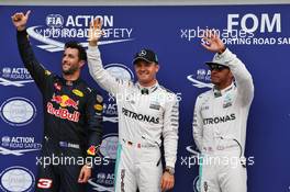 Qualifying top three in parc ferme (L to R): Daniel Ricciardo (AUS) Red Bull Racing, third; Nico Rosberg (GER) Mercedes AMG F1, pole position; Lewis Hamilton (GBR) Mercedes AMG F1, second. 30.07.2016. Formula 1 World Championship, Rd 12, German Grand Prix, Hockenheim, Germany, Qualifying Day.