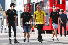 (L to R): Esteban Ocon (FRA) Renault Sport F1 Team Test Driver with Kevin Magnussen (DEN) Renault Sport F1 Team; Alan Permane (GBR) Renault Sport F1 Team Trackside Operations Director; and Jolyon Palmer (GBR) Renault Sport F1 Team. 22.07.2016. Formula 1 World Championship, Rd 11, Hungarian Grand Prix, Budapest, Hungary, Practice Day.