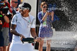 Race winner Lewis Hamilton (GBR) Mercedes AMG F1 celebrates with the team. 24.07.2016. Formula 1 World Championship, Rd 11, Hungarian Grand Prix, Budapest, Hungary, Race Day.