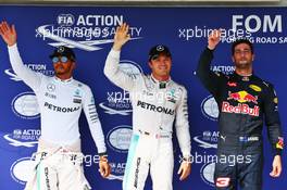 Qualifying top three in parc ferme (L to R): Lewis Hamilton (GBR) Mercedes AMG F1, second; Nico Rosberg (GER) Mercedes AMG F1, pole position; Daniel Ricciardo (AUS) Red Bull Racing RB12, third. 23.07.2016. Formula 1 World Championship, Rd 11, Hungarian Grand Prix, Budapest, Hungary, Qualifying Day.