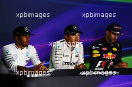 The FIA Press Conference qualifying top three (L to R): Lewis Hamilton (GBR) Mercedes AMG F1, second; Nico Rosberg (GER) Mercedes AMG F1, pole position; Daniel Ricciardo (AUS) Red Bull Racing, third. 23.07.2016. Formula 1 World Championship, Rd 11, Hungarian Grand Prix, Budapest, Hungary, Qualifying Day.