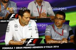 (L to R): Aldo Costa (ITA) Mercedes AMG F1 Engineering Director with Luca Furbatto (ITA) Manor Racing Head of Design in the FIA Press Conference. 02.09.2016. Formula 1 World Championship, Rd 14, Italian Grand Prix, Monza, Italy, Practice Day.