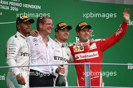 1st place Nico Rosberg (GER) Mercedes AMG Petronas F1 W07, 2nd place Lewis Hamilton (GBR) Mercedes AMG F1 W07  and 3rd place Sebastian Vettel (GER) Scuderia Ferrari SF16-H. 04.09.2016. Formula 1 World Championship, Rd 14, Italian Grand Prix, Monza, Italy, Race Day.