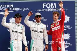 Qualifying top three in parc ferme (L to R): Nico Rosberg (GER) Mercedes AMG F1, second; Lewis Hamilton (GBR) Mercedes AMG F1, pole position; Sebastian Vettel (GER) Ferrari, third. 03.09.2016. Formula 1 World Championship, Rd 14, Italian Grand Prix, Monza, Italy, Qualifying Day.