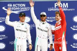 Qualifying top three in parc ferme (L to R): Nico Rosberg (GER) Mercedes AMG F1, second; Lewis Hamilton (GBR) Mercedes AMG F1, pole position; Sebastian Vettel (GER) Ferrari, third. 03.09.2016. Formula 1 World Championship, Rd 14, Italian Grand Prix, Monza, Italy, Qualifying Day.