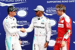 Qualifying top three in parc ferme (L to R): Nico Rosberg (GER) Mercedes AMG F1, second; Lewis Hamilton (GBR) Mercedes AMG F1, pole position; Sebastian Vettel (GER) Ferrari, third. 03.09.2016. Formula 1 World Championship, Rd 14, Italian Grand Prix, Monza, Italy, Qualifying Day.