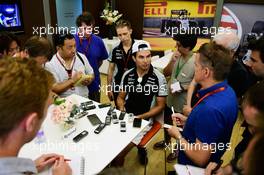 Sergio Perez (MEX) Sahara Force India F1 with the media. 01.09.2016. Formula 1 World Championship, Rd 14, Italian Grand Prix, Monza, Italy, Preparation Day.